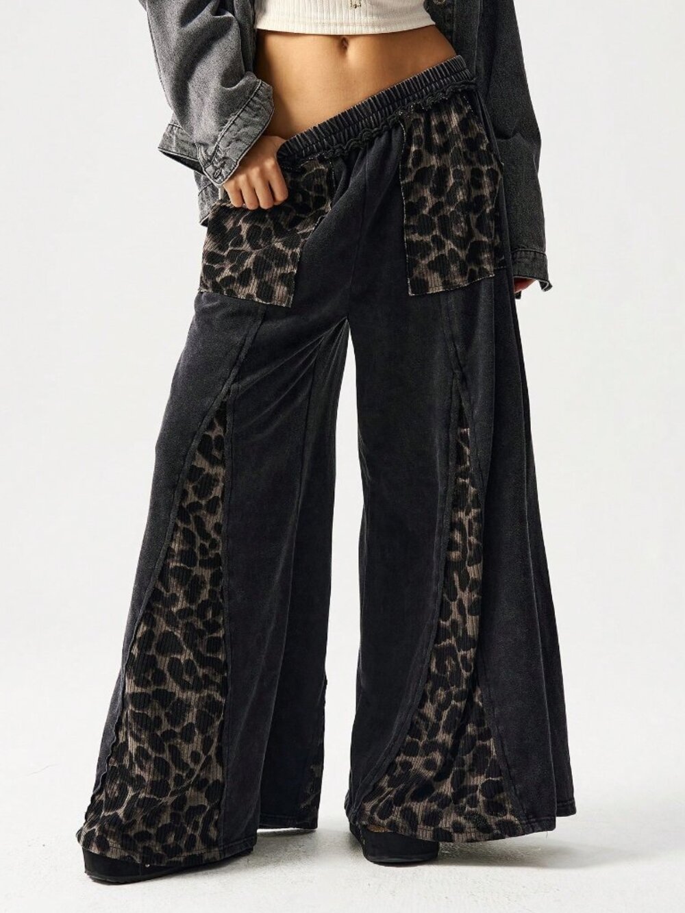 Black Casual Women's Plus Size Leopard Print High Waist Wide Leg Pants